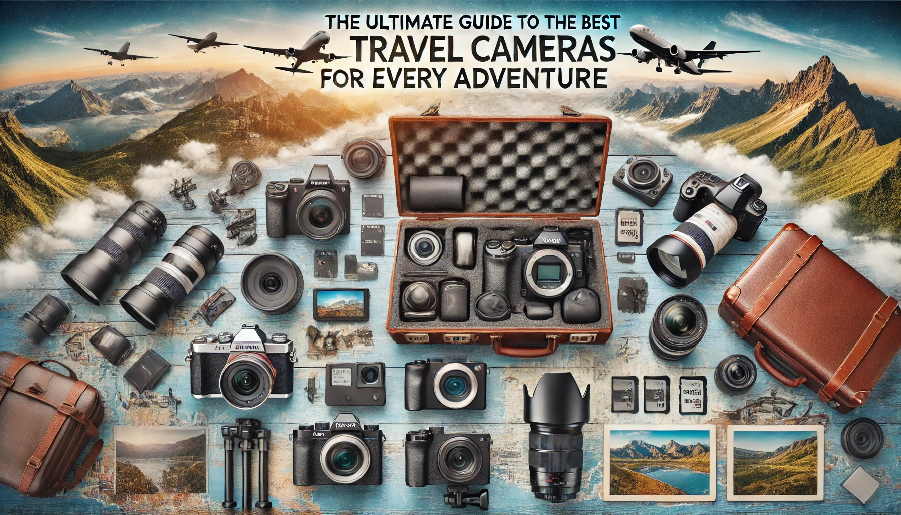 A selection of travel cameras including compact, mirrorless, DSLR, and action models, displayed on a map with travel gear