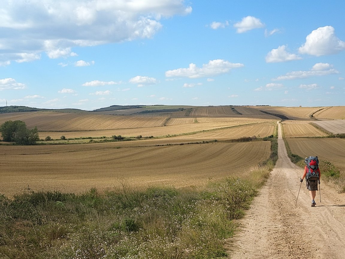 vast open landscape along the camino de santiago in spain, with golden fields, a dirt path, a lone pilgrim trekking, and a partly cloudy sky