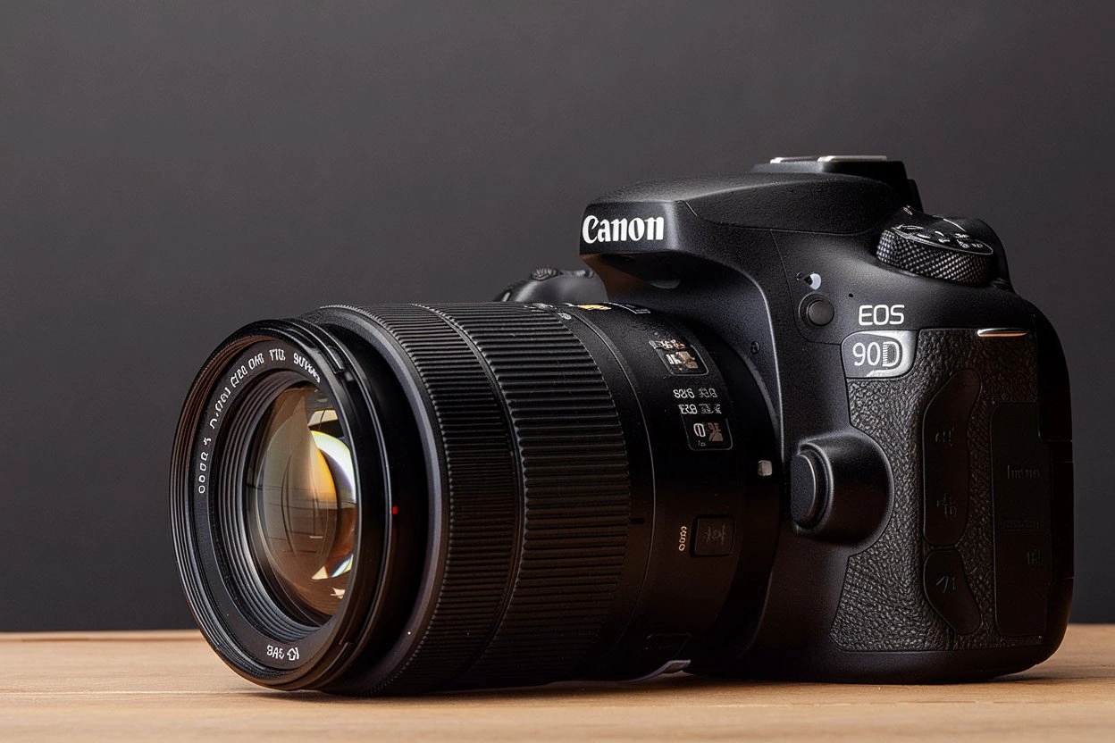 A Canon EOS 90D DSLR camera showcased with its ergonomic design and features like a 32.5-megapixel sensor and 10 fps shooting speed.