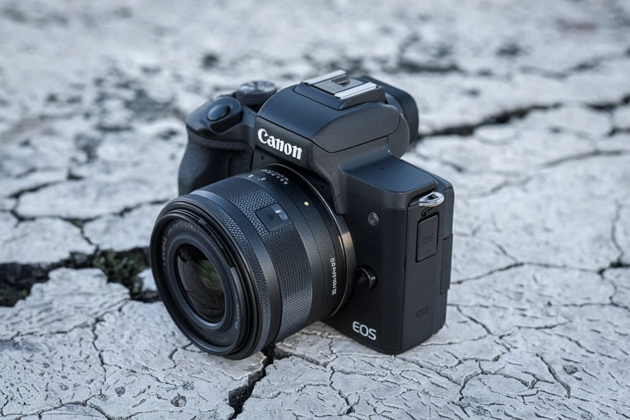 A product photo of the Canon EOS M50 Mark II, showcasing its compact design, articulating touchscreen, and beginner-friendly features.