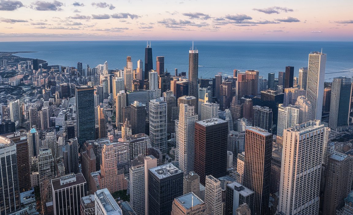 A view of Chicago’s skyline featuring iconic skyscrapers like the Willis Tower and the Wrigley Building, reflecting on the Chicago River