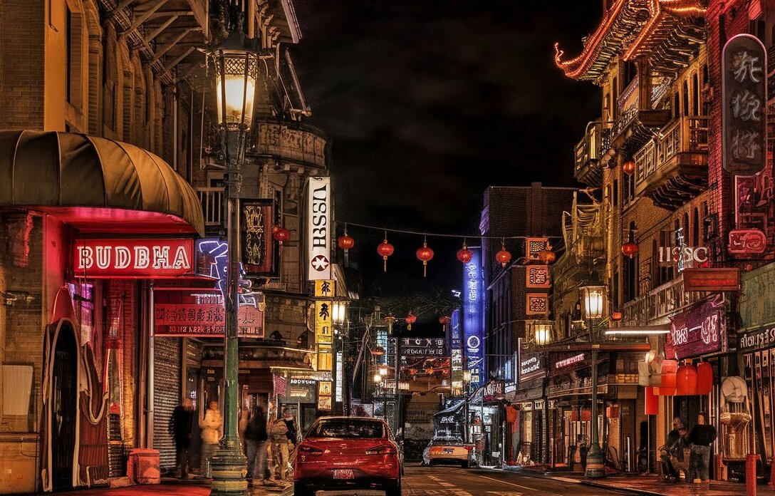 A vibrant street scene in San Francisco’s Chinatown, featuring traditional red lanterns, colorful shopfronts, and bustling crowds