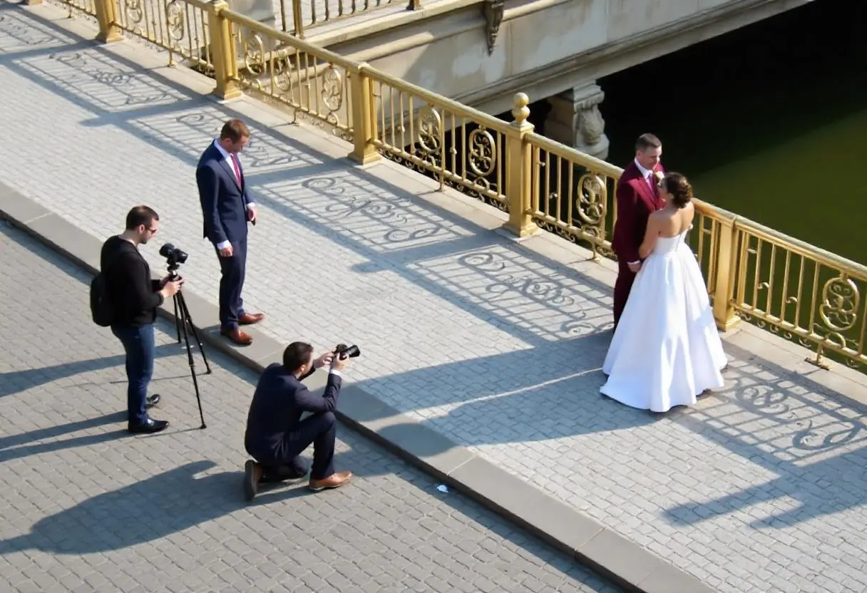 A wedding photographer capturing a couple’s intimate moment during a sunset ceremony on a picturesque beach