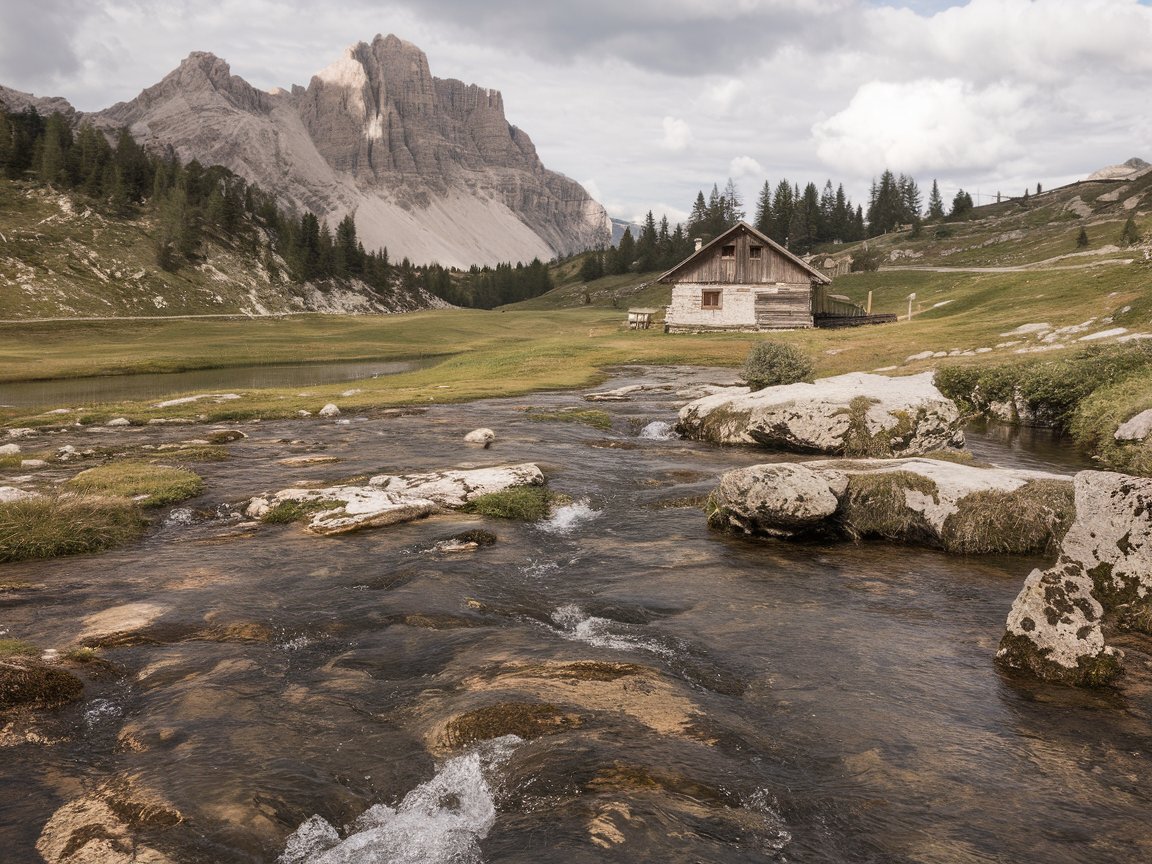 serene mountainous landscape along the dolomites alta via 1 in italy, featuring a clear stream over mossy rocks, a rustic wooden cabin, lush grass, scattered trees, jagged peaks, and a partly cloudy sk