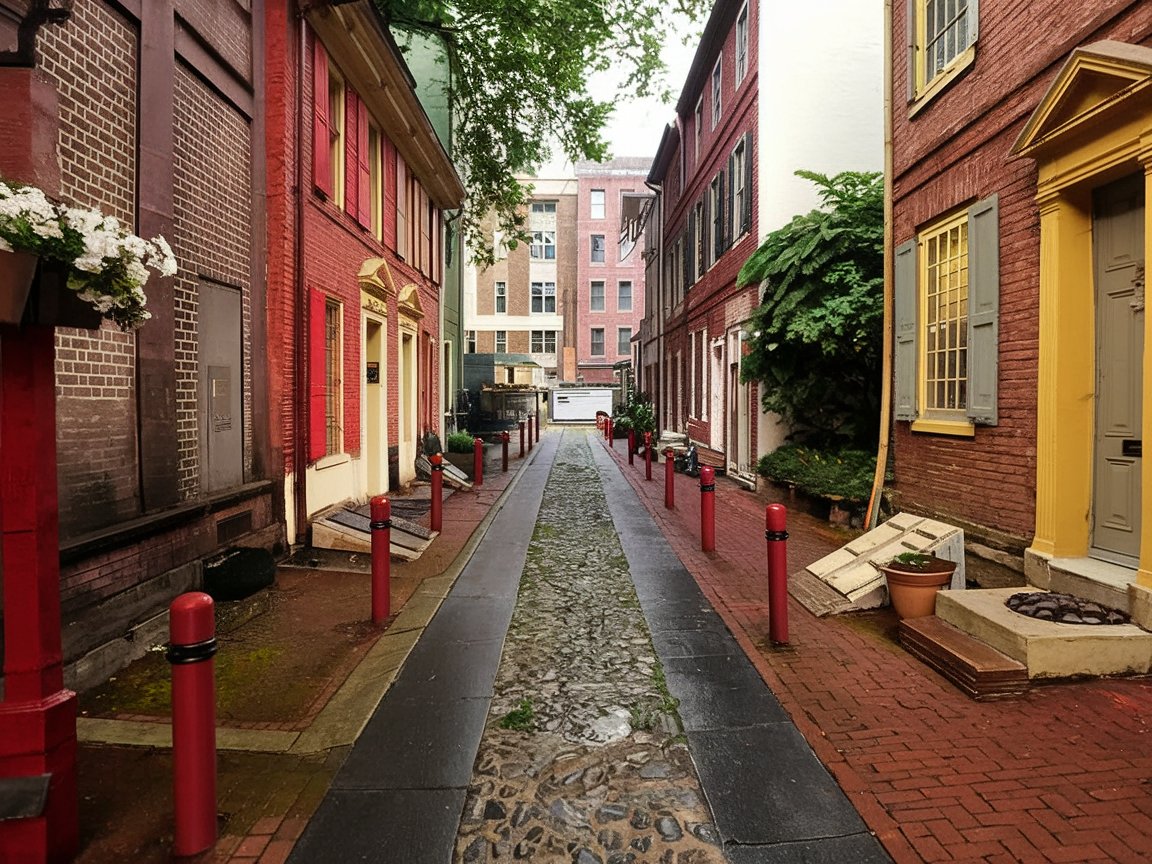 A charming view of Elfreth’s Alley in Philadelphia, featuring cobblestone streets, colorful 18th-century homes, and historic lanterns.