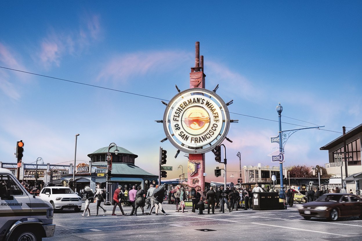 A lively scene at Fisherman’s Wharf with colorful seafood stalls, street performers, and views of the waterfront in San Francisco.