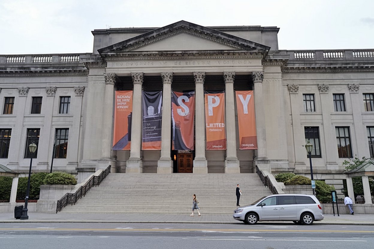 The grand facade of The Franklin Institute in Philadelphia, with its iconic columns and a vibrant banner showcasing its interactive exhibits.