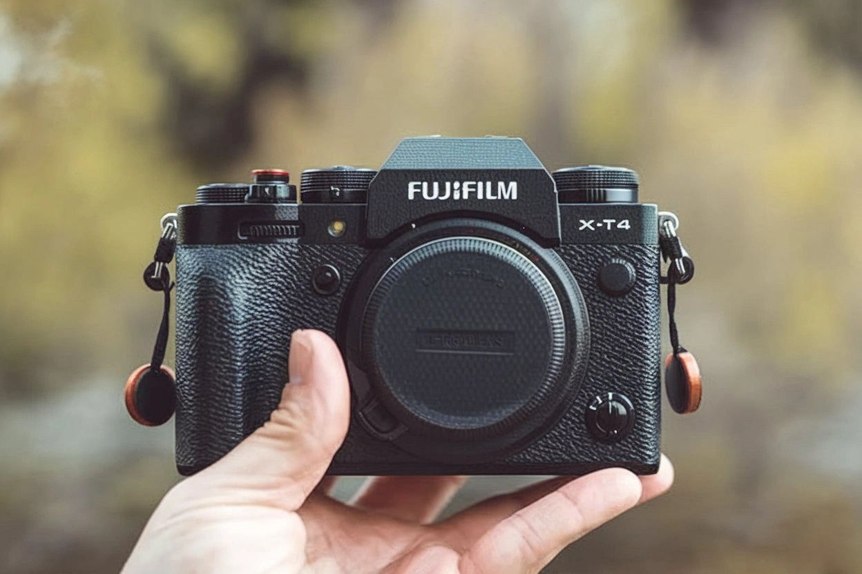 A product photo of the Fujifilm X-T4 camera, highlighting its retro design, tactile dials, and versatile features for travel photography and video.