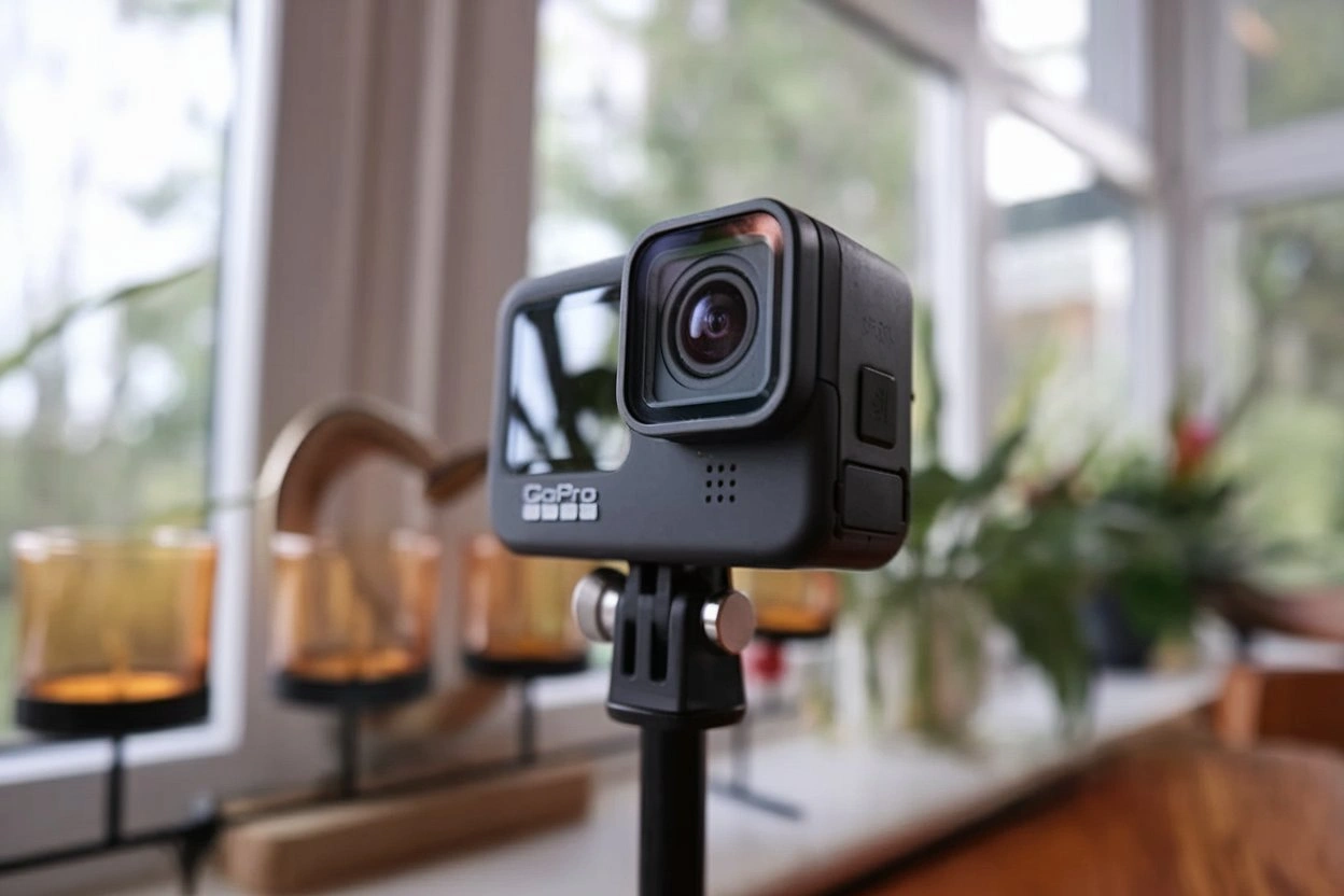 A GoPro Hero 10 Black action camera displayed with its compact design, highlighting features like HyperSmooth stabilization and 5.3K video capability.