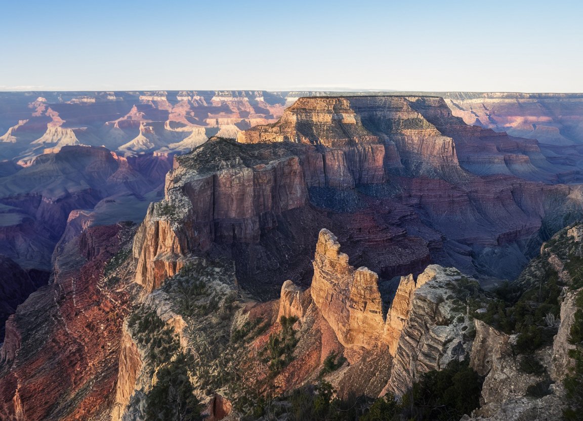 A hiker standing at a viewpoint during the Grand Canyon’s Rim-to-Rim hike, with dramatic canyon walls and the Colorado River below.