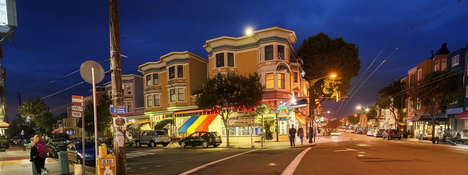 A colorful street in Haight-Ashbury, San Francisco, lined with vintage shops, vibrant murals, and bohemian cafes.