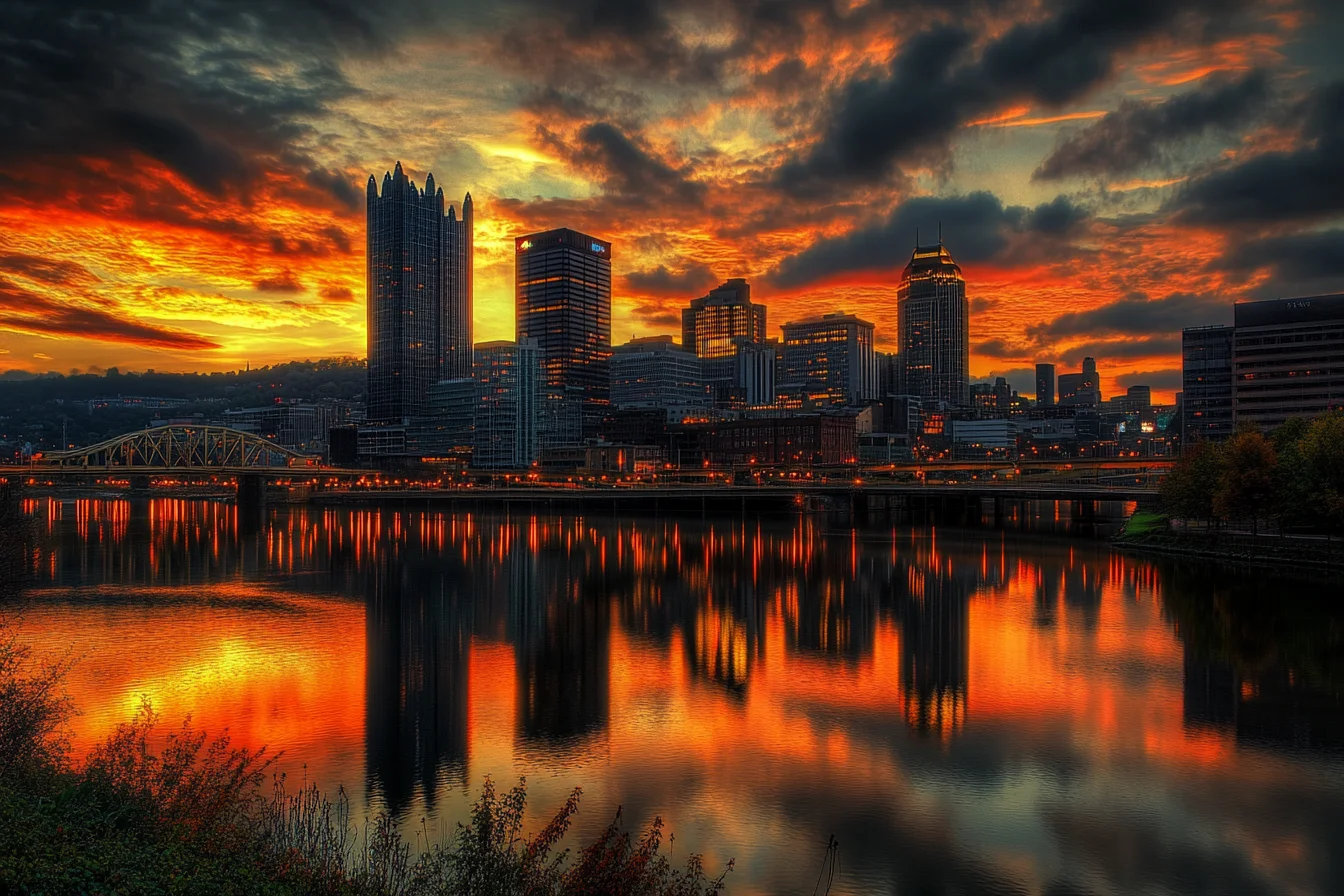 An HDR image of a glowing cityscape at sunset, showcasing vivid colors, detailed shadows, and balanced highlights in the skyline and reflections