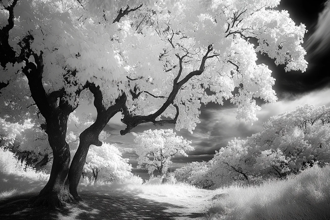 A surreal infrared photo of a tree with white foliage against a dark sky, showcasing the ethereal effect of infrared photography