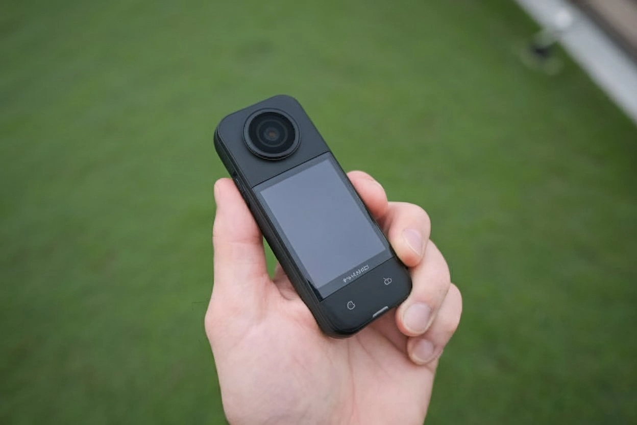 The Insta360 ONE X2 camera displayed with its compact design, showcasing 360-degree recording capability and waterproof build.