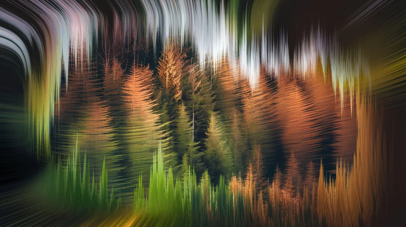 An abstract image created using Intentional Camera Movement, featuring blurred lines of a forest with rich green and brown tones.