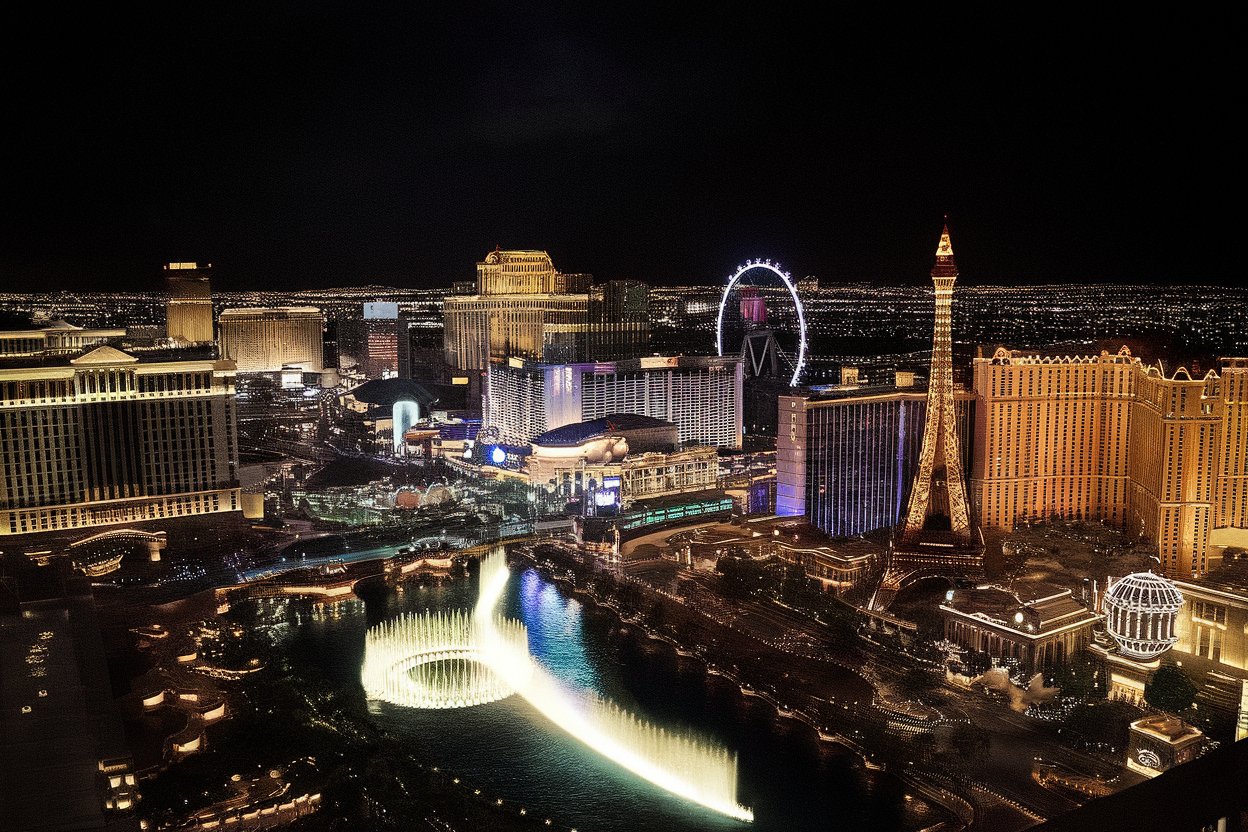 A dazzling nighttime view of the Las Vegas Strip, illuminated with neon lights, luxury hotels, and iconic landmarks like the Bellagio fountains.