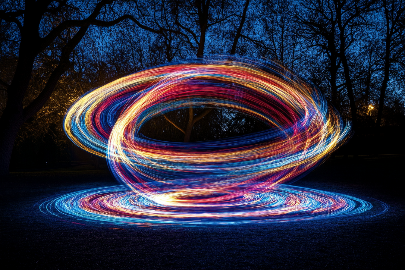 A long-exposure photo of a light painting scene, with swirling trails of vibrant light illuminating a dark forest setting.