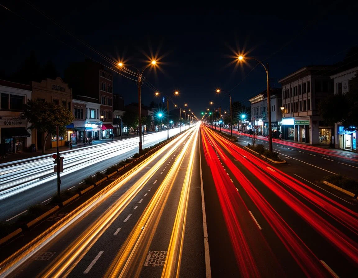 A vibrant urban scene at night, featuring colorful light trails from moving cars on a busy street, captured with long exposure.