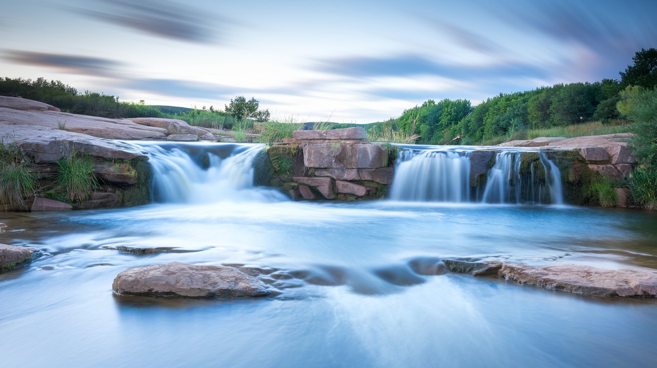 A long-exposure photograph of a waterfall, with silky, blurred water flowing over rocks surrounded by lush greenery