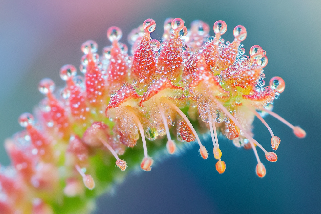 A close-up macro shot of a vibrant flower, showcasing intricate details of the petals and tiny water droplets