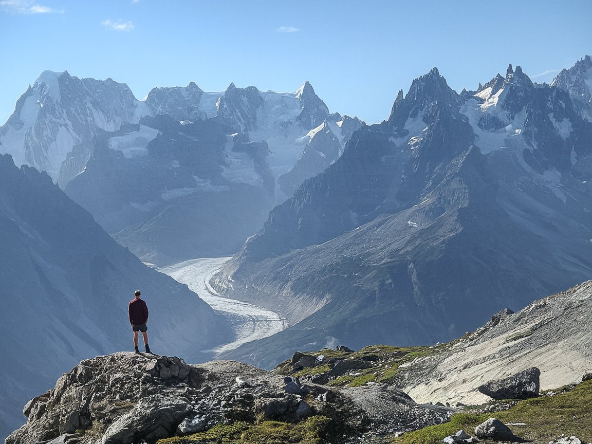 majestic mountainous landscape with a lone figure on a rocky outcrop, glacier, snow-capped peaks, and clear sky along the haute route from france to switzerland"