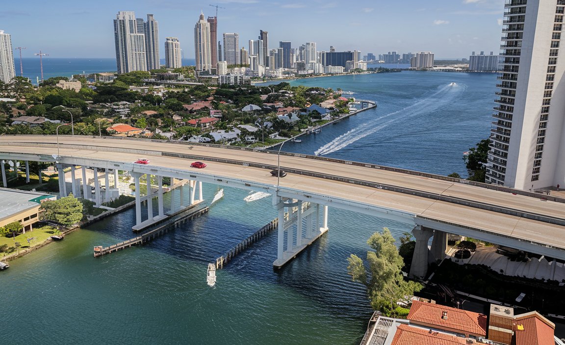 A vibrant view of Miami’s South Beach with turquoise waters, palm trees, and Art Deco buildings, transitioning into neon-lit nightlife.