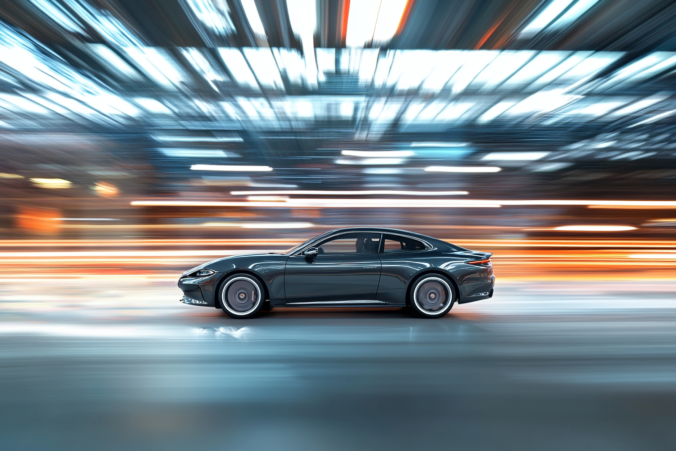 A dynamic shot of a cyclist racing through a city street, with motion blur highlighting the speed and energy of the scene.