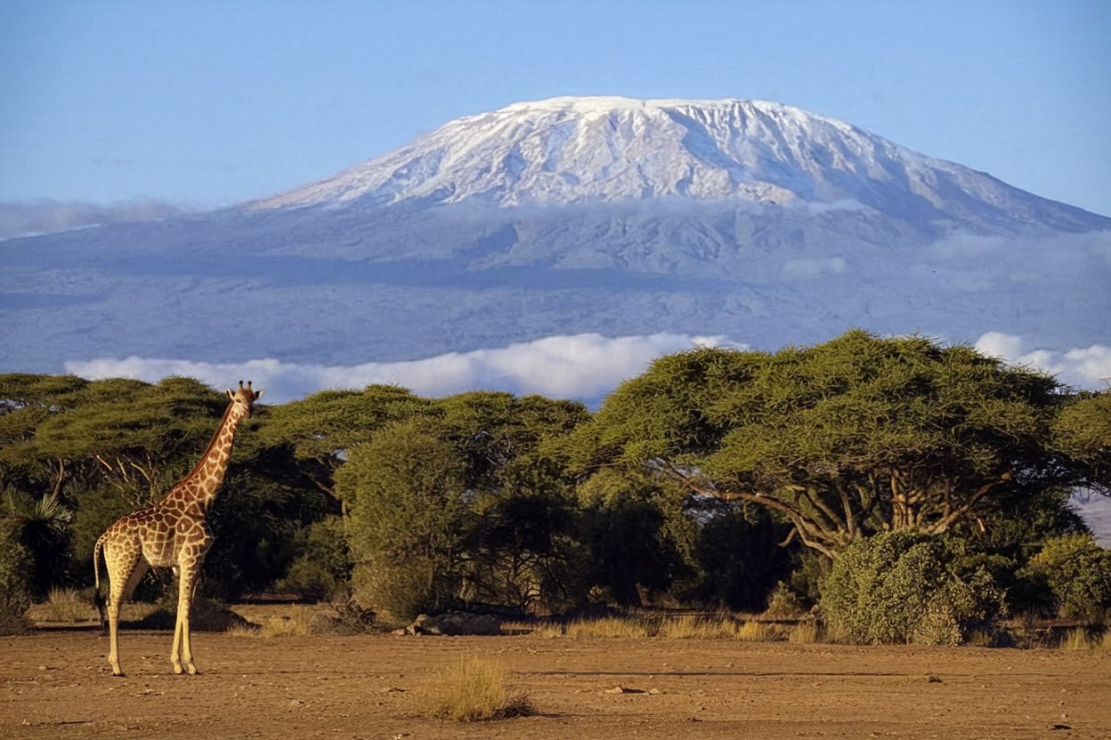 breathtaking landscape featuring mount kilimanjaro, a giraffe on the arid savannah, green trees, and a clear sky