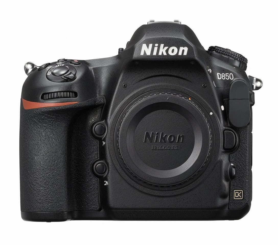 A professional-grade Nikon D850 DSLR, highlighting its robust design, 45.7-megapixel full-frame sensor, and advanced features.