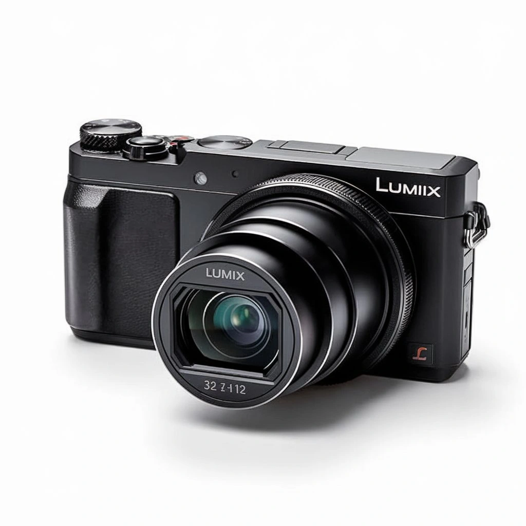 A sleek product photo of the Panasonic Lumix ZS200 camera, highlighting its compact body, 15x optical zoom lens, and versatile features for travel photography.