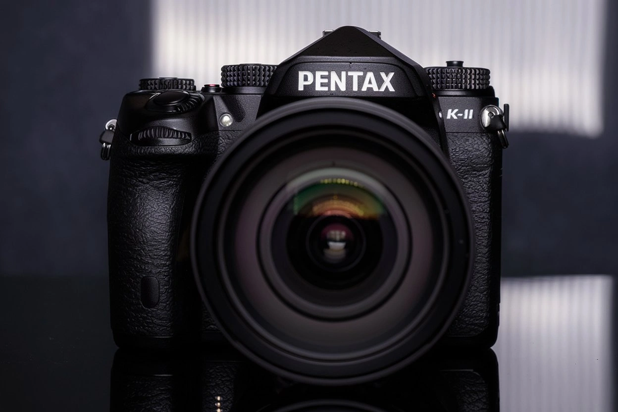 A Pentax K-1 Mark II DSLR displayed with its weather-sealed design, showcasing a 36.4-megapixel full-frame sensor and rugged features.