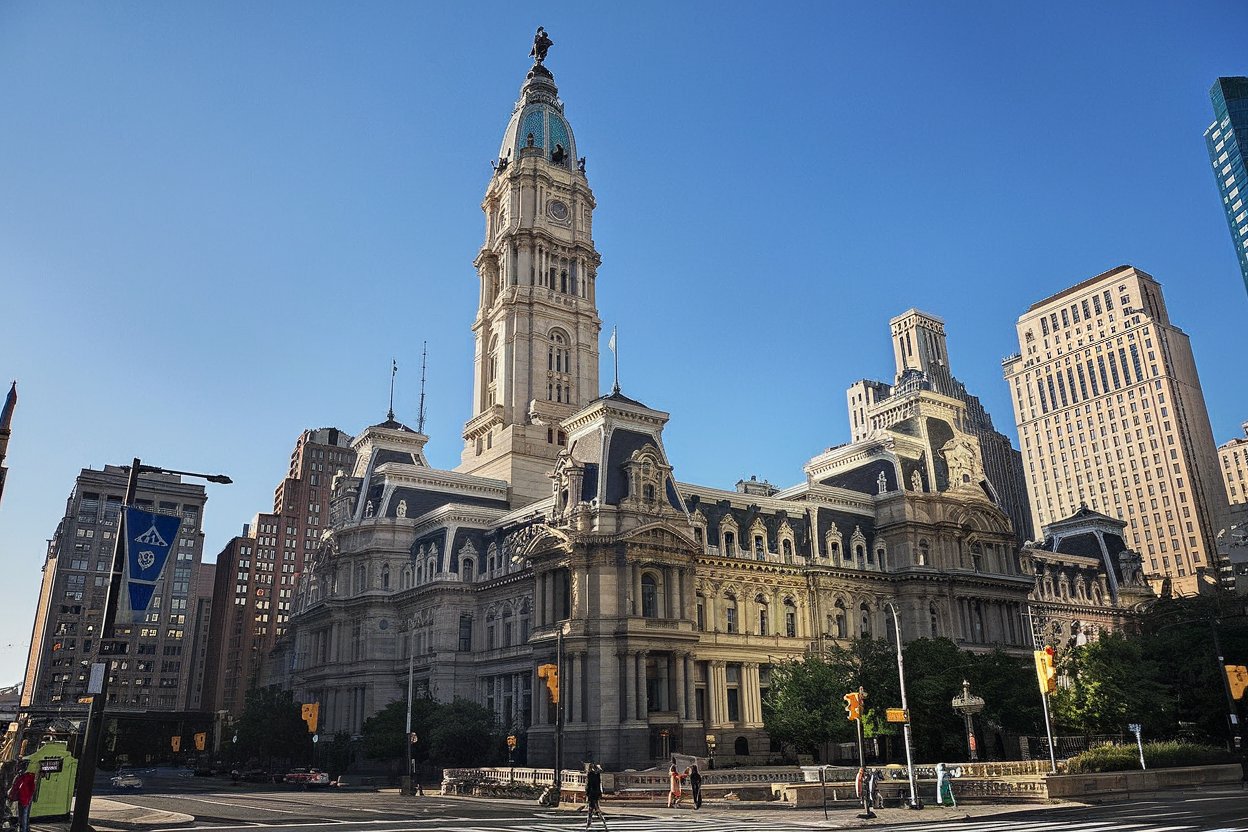 A majestic view of Philadelphia City Hall, showcasing its ornate French Renaissance and Second Empire architectural details.