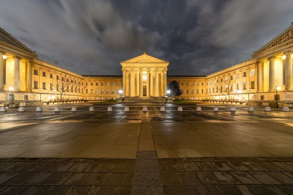 A majestic view of the Philadelphia Museum of Art, with its grand steps leading to the iconic building, surrounded by lush greenery.