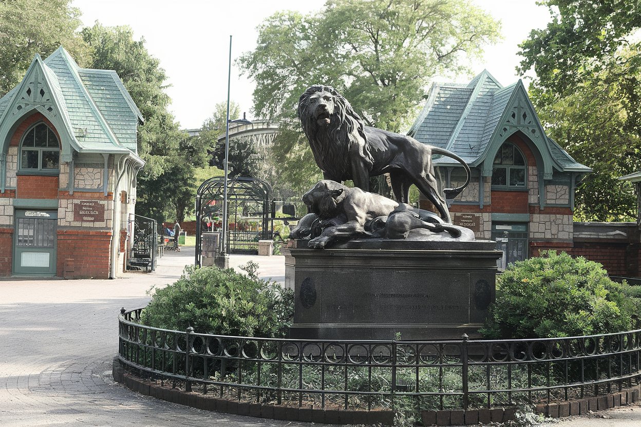 A vibrant scene at the Philadelphia Zoo, featuring a family observing a majestic lion in its habitat, surrounded by lush greenery