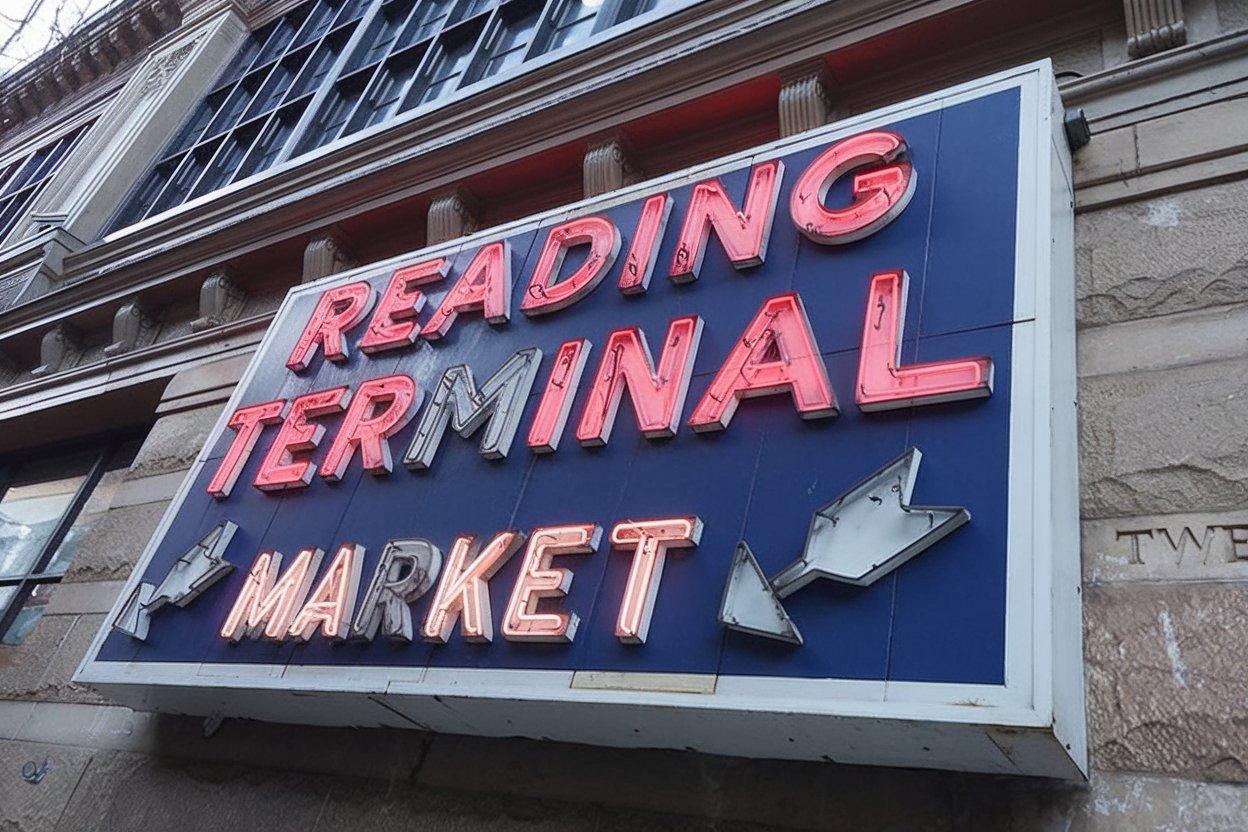 A lively scene inside Reading Terminal Market, showcasing vibrant stalls with fresh produce, local delicacies, and bustling crowds.