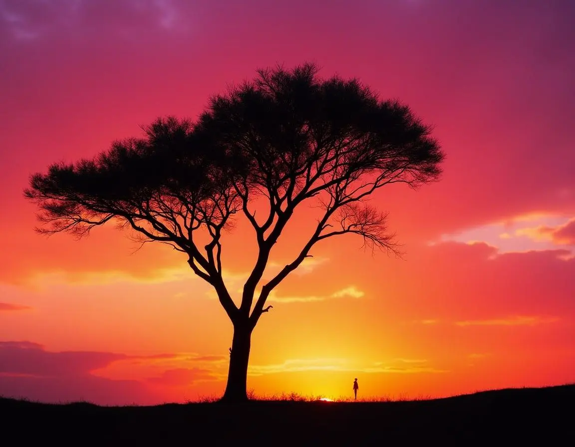 A striking silhouette of a traveler standing on a hilltop, framed by a vibrant sunset sky with bold contrast.