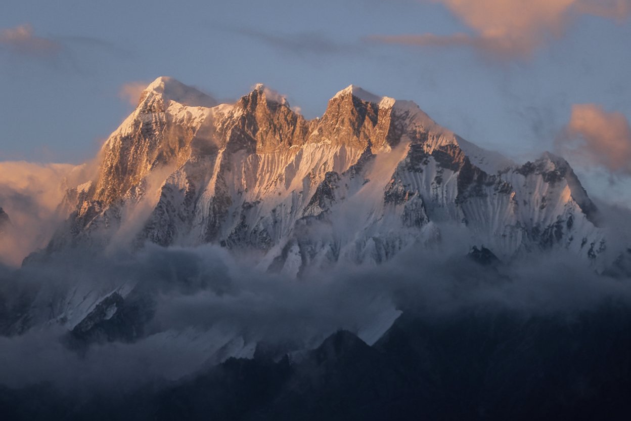 majestic mountain range along the snowman trek in bhutan, with snow-capped peaks, golden sunrise or sunset hues, pink and blue skies, and a surreal misty atmosphere