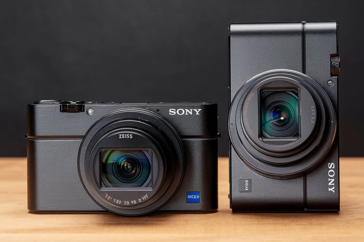 A sleek product photo of the Sony RX100 VII camera on a minimalist background, showcasing its compact size, 24-200mm zoom lens, and advanced controls.