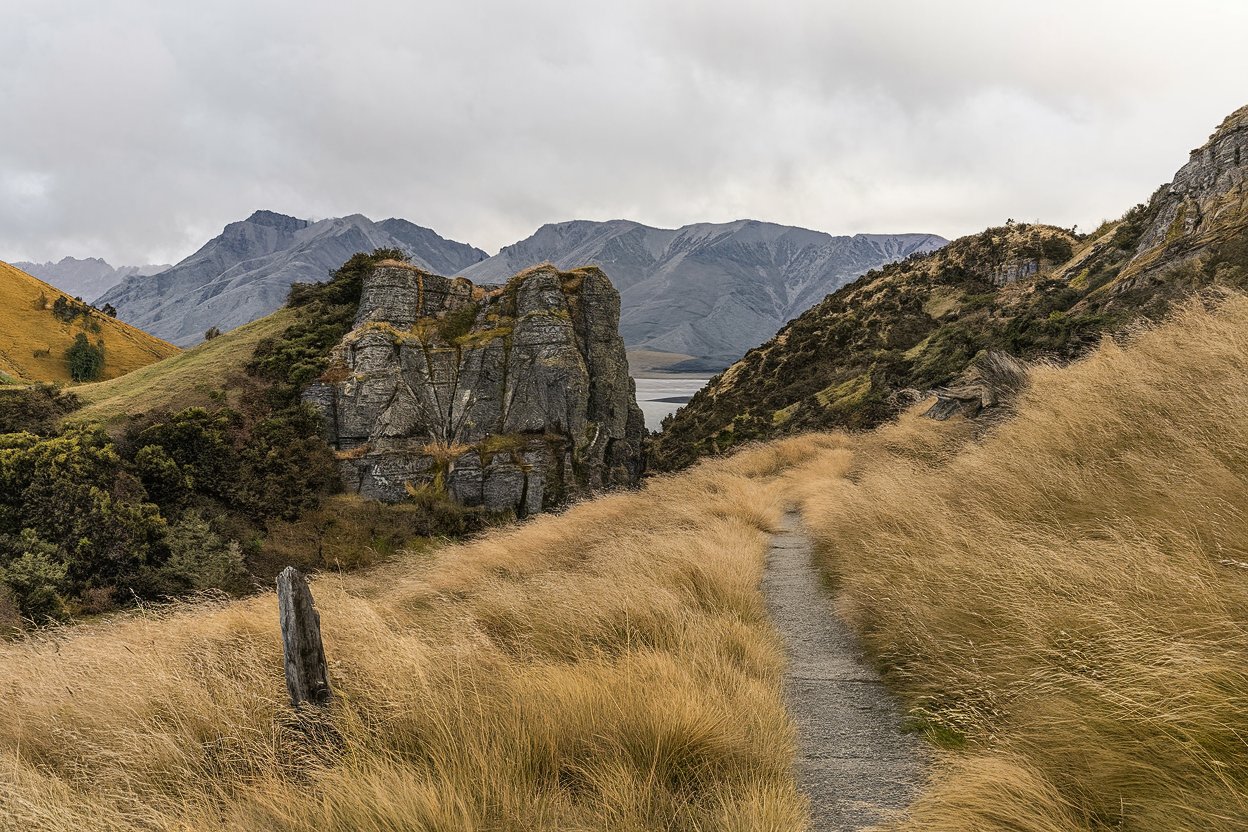 picturesque landscape along the te araroa trail in new zealand, with golden grassy hills, a rugged rock formation, a winding trail, tranquil water, jagged mountains, and an overcast sky