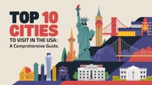 A collage of iconic U.S. city landmarks, including the Statue of Liberty, Golden Gate Bridge, and Las Vegas Strip, representing top travel destinations.