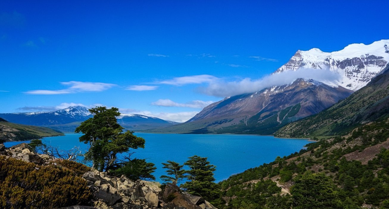 turquoise-blue lake surrounded by towering snow-capped mountains, rocky terrain, and sparse trees under a clear sky with misty peaks in the distance on the torres del paine circuit, chile