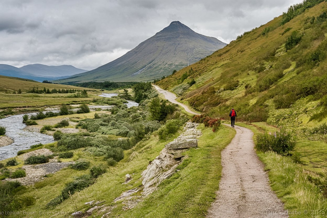 picturesque landscape along the west highland way in scotland, with a cloud-kissed mountain, lush greenery, a winding path, a meandering river, and a solitary hiker in red under an overcast sky