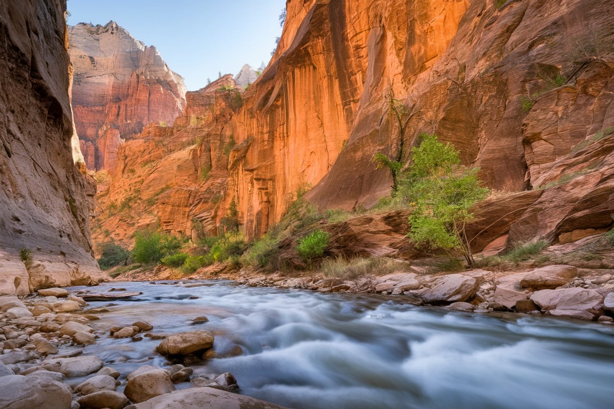 breathtaking landscape of zion narrows in the united states, with towering sandstone cliffs, the virgin river flowing over smooth rocks, and filtered light creating serene patterns